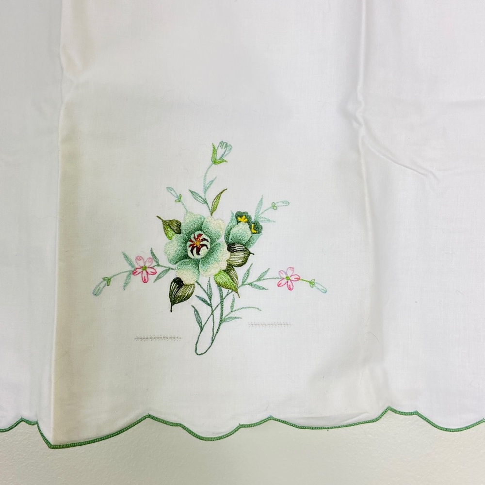 2 Floral Embroidered White Pillow Cases. Mint Green Floral Cottagecore
